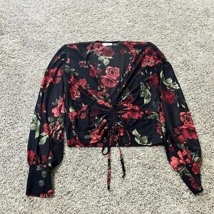 Ember Floral Sheer Lined Cinch Front‎ Blouson Long Bell Sleeve Top Office Women